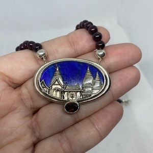 Vintage Sterling Silver 925 Lapis Lazuli Stone Garnet Gem Beaded Necklace 25.2g